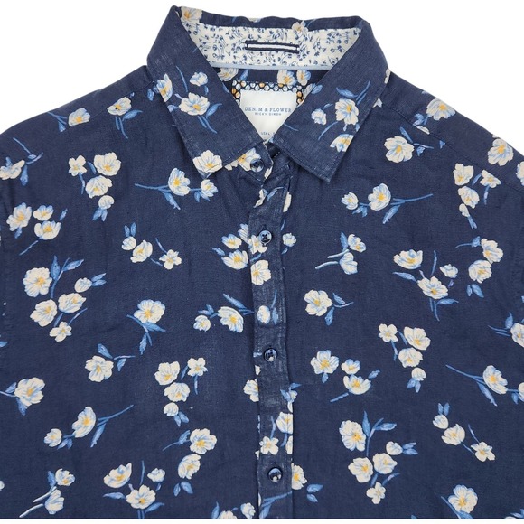 Denim & Flower Linen Shirt Sz L Short Sleeve Blue Floral Button Down Vacation - Picture 2 of 7